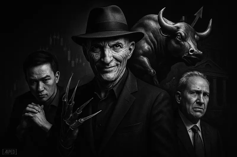 Fred Krueger stands confidently between Willy Woo and Peter Schiff as a metallic bull smashes through resistance in a dark grayscale scene.