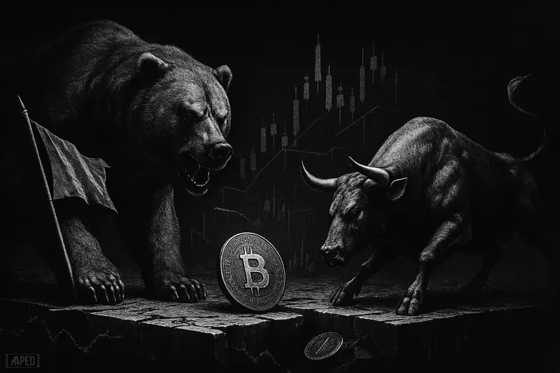 A looming bear and braced bull face off over a cracked platform as a bitcoin-like coin nears the edge in darkness.