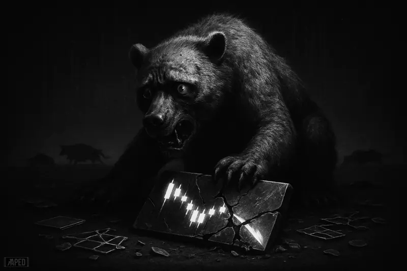 An exhausted bear crushes a broken candlestick chart amid shattered ledger-like plates, set against a dark data-grid background.
