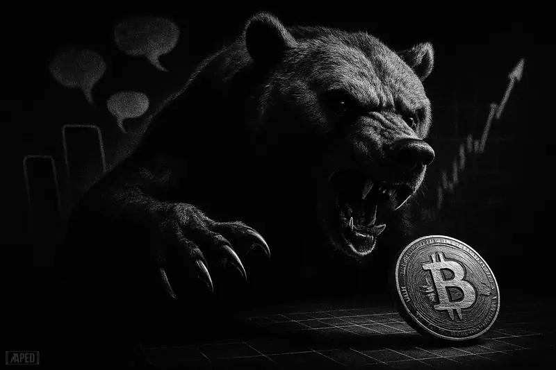 A snarling bear menaces a scarred bitcoin-like coin on a dark desk, with ghostly social-media shapes and a faint market grid behind.