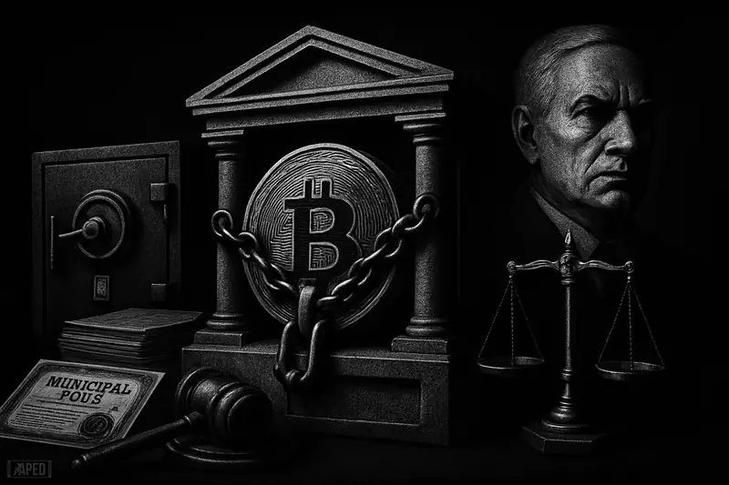 A grayscale institutional vault secures a bitcoin within bond-market machinery, surrounded by gavels, scales, and a custody safe in a dark finance setting.