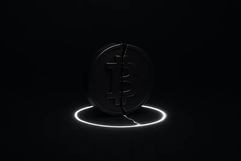A fractured metallic coin hovers above a dim circular glow, with shattered fragments settling onto a dark, starless background.