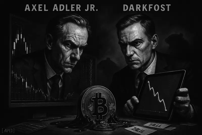 Two stern analyst caricatures study bitcoin charts as a submerged token and shadowy bear evoke selling pressure in a dark grayscale scene.