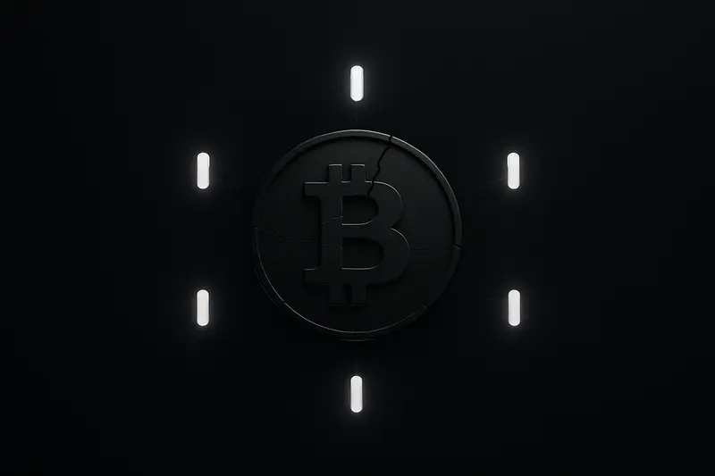 A cracked, glowing coin floats on a black background, surrounded by five pulsing light markers and faint chart lines.
