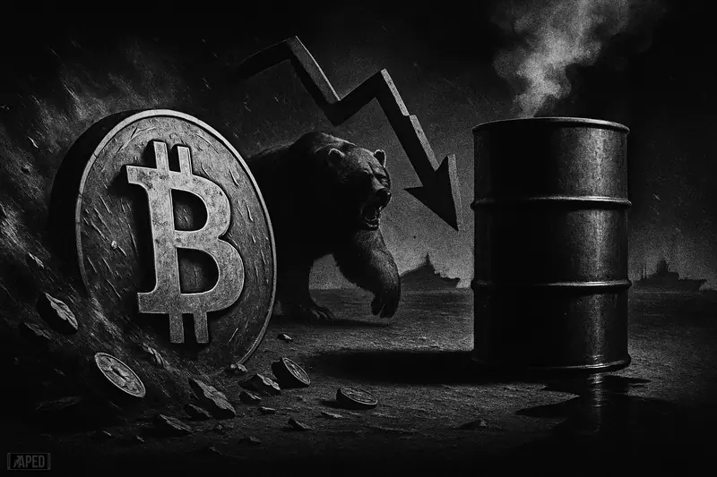 A battered bitcoin symbol braces against market chaos beside an ominous oil barrel, with a bear and warlike silhouettes in a dark grayscale scene.