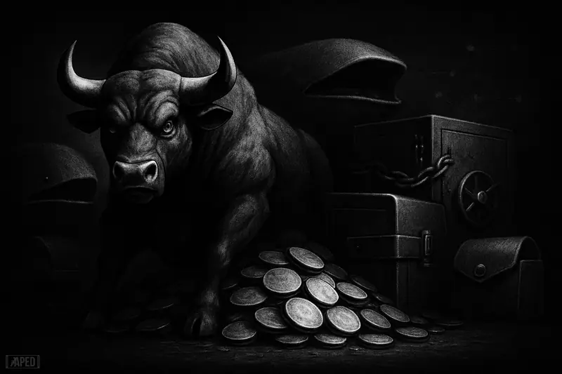 A muscular bull guards sinking metallic discs as giant wallets and vaults absorb supply in a dark grayscale data-grid scene.