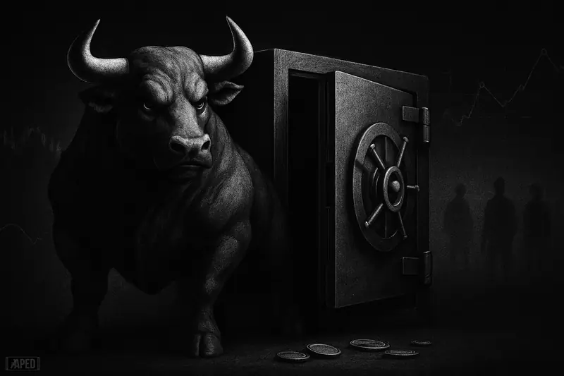 A muscular bull stands by a nearly empty vault in a dark data-grid setting, with distant hesitant figures suggesting weak retail interest.