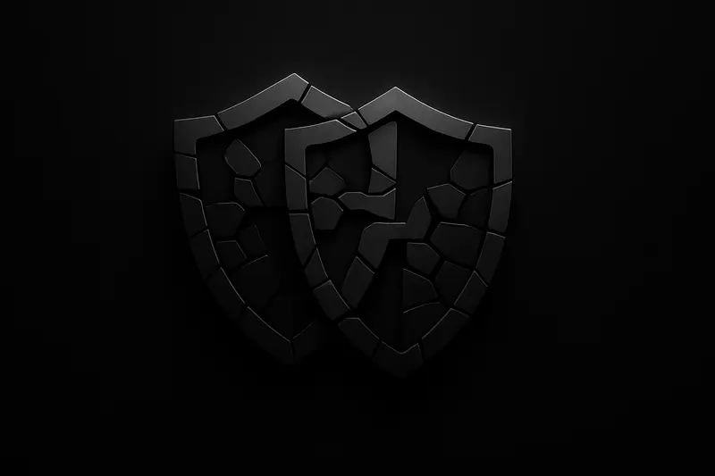 Two interlocking matte-black shields with neon-blue cracks and floating key fragments on a dark, star-speckled background.