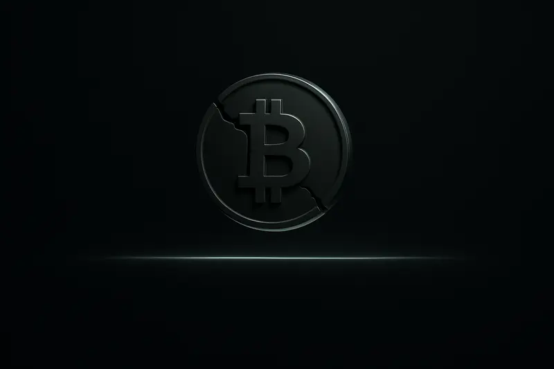 Cracked green coin fragment hovering above a thin neon floor line, with red downward shards and a dark background.