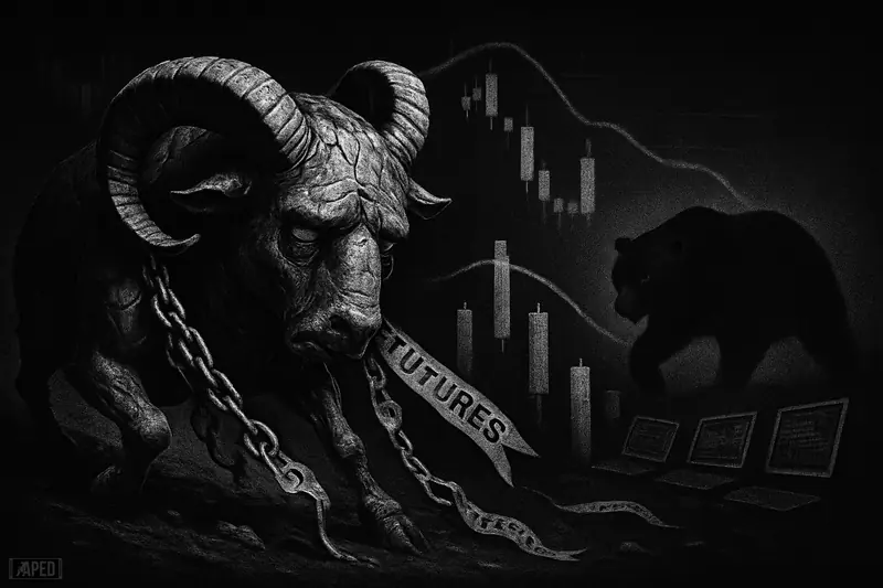 A grayscale metallic ram stumbles downhill as chains fall away, with a lurking bear and broken market structures in a dark trading scene.