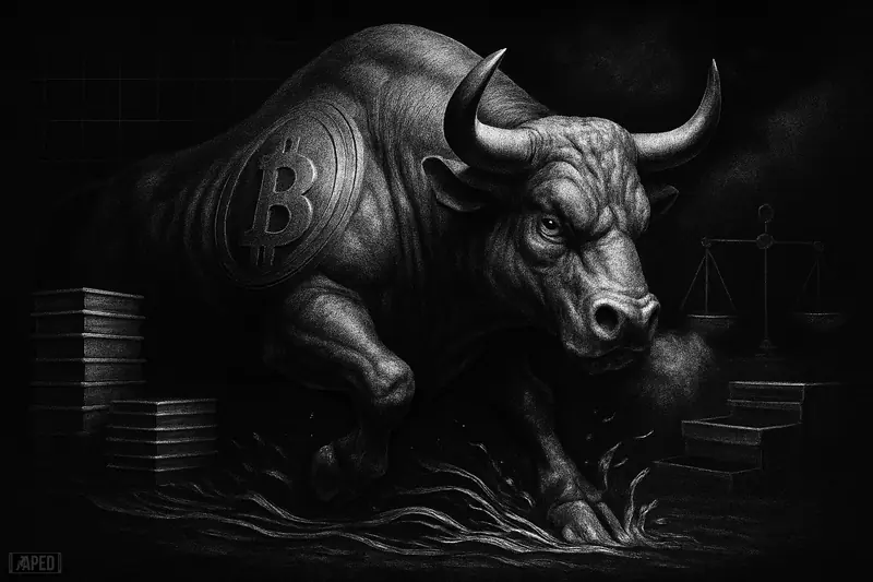 A grayscale bull with exaggerated horns charges through flowing market symbols as dark macro clouds part over empty exchange vaults.