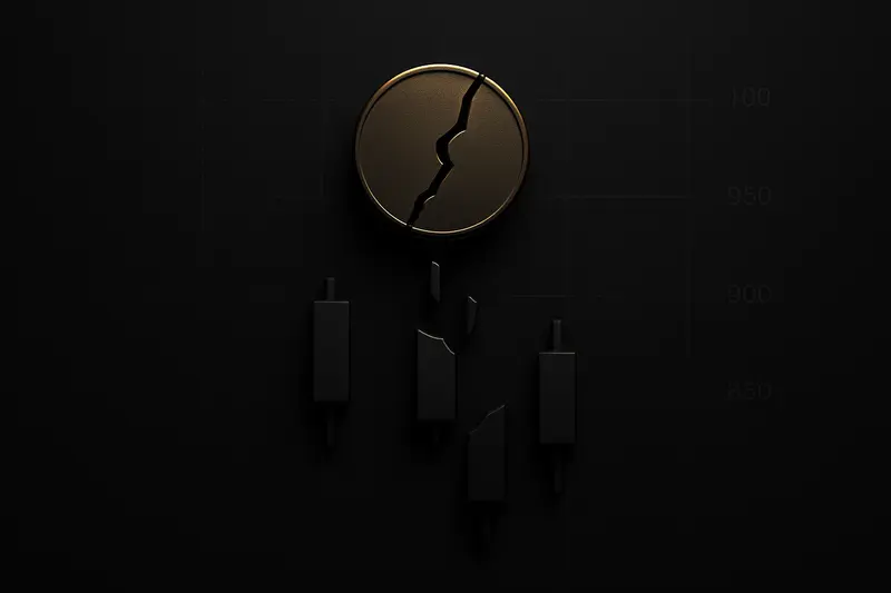 A cracked glowing gold coin sinks through a dark grid of red candlesticks, with subtle debris and faint downward motion lines.