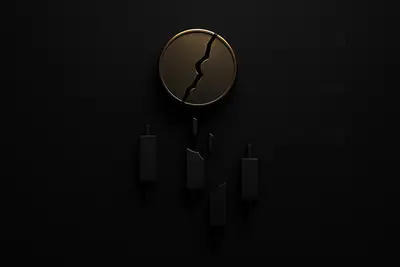 A cracked glowing gold coin sinks through a dark grid of red candlesticks, with subtle debris and faint downward motion lines.
