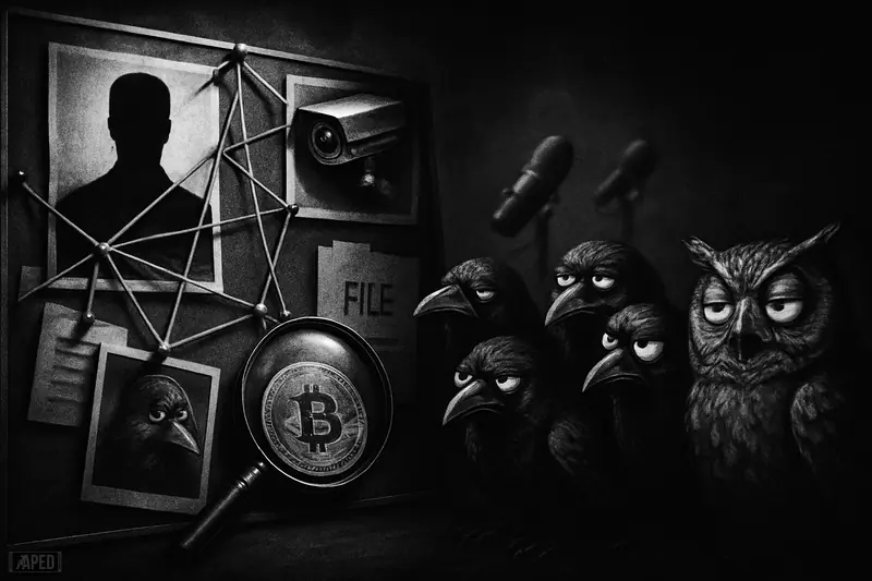 A grayscale conspiracy board with surveillance props, a bitcoin under a magnifying glass, and skeptical birds reacting with visible disdain.