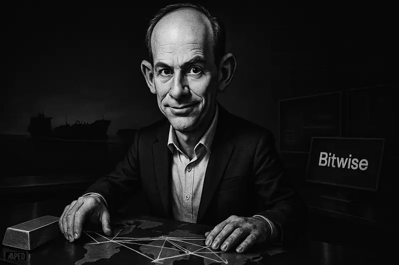 Matt Hougan stands over bullion and a global settlement map as dark tanker silhouettes hint at geopolitical stress in a grayscale scene.