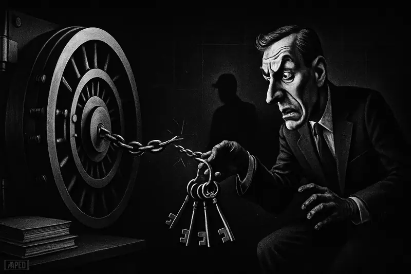 A worried banker loses control of private keys to a shadowy custodian beside an open vault in a dark grayscale financial scene.