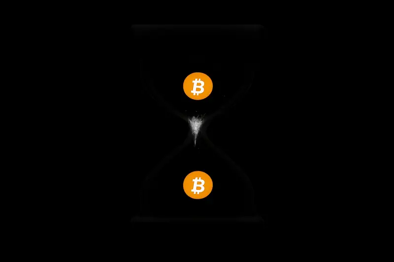 A dark hourglass with a bright golden core, coin-like particles frozen mid-fall against a black, data-textured background.