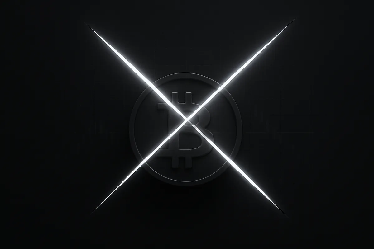 A dark bitcoin-like coin with two neon chart lines crossing sharply above it, casting a skull-shaped shadow on black.