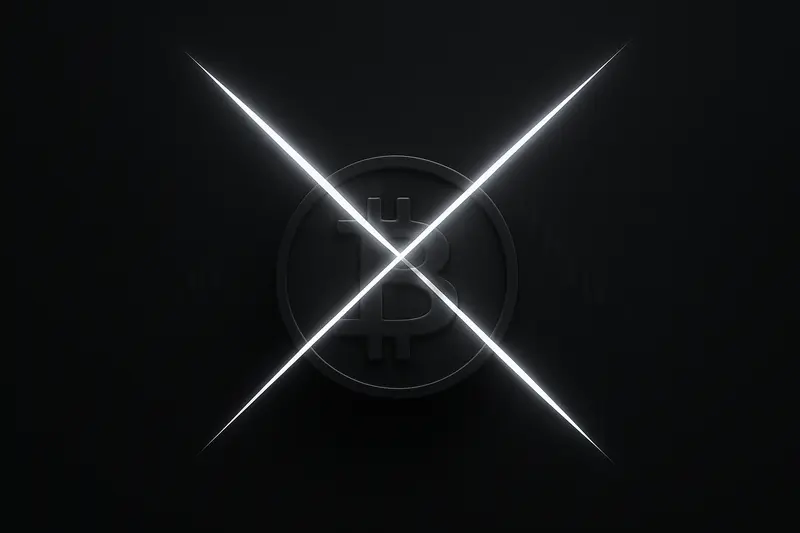 A dark bitcoin-like coin with two neon chart lines crossing sharply above it, casting a skull-shaped shadow on black.
