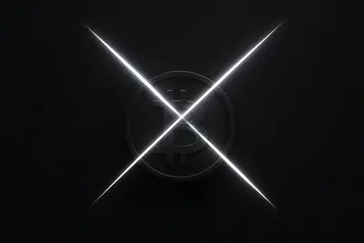 A dark bitcoin-like coin with two neon chart lines crossing sharply above it, casting a skull-shaped shadow on black.