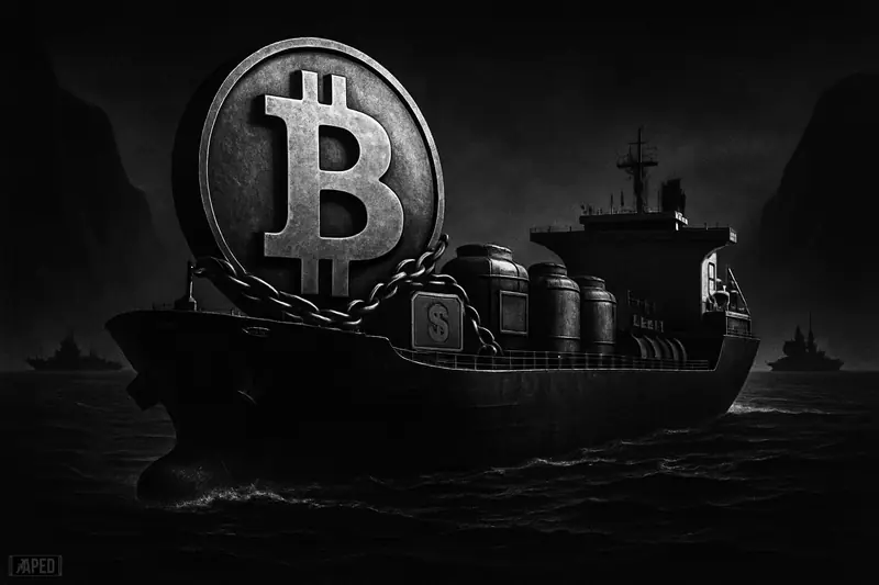 A giant tanker in a narrow strait carries a chained bitcoin-like cargo under dark geopolitical shadows and stormy monochrome seas.