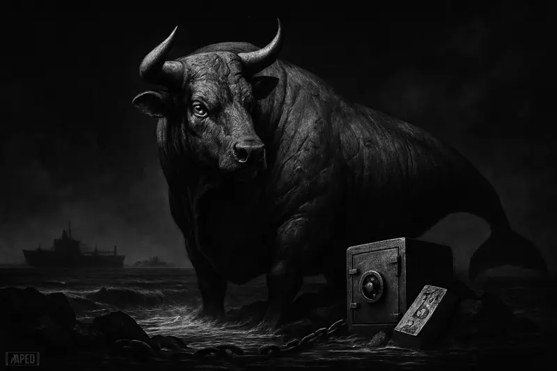 A monochrome bull-whale hybrid stands in a stormy sea passage, with tankers, chains, and sinking safe-haven symbols under dark cinematic skies.