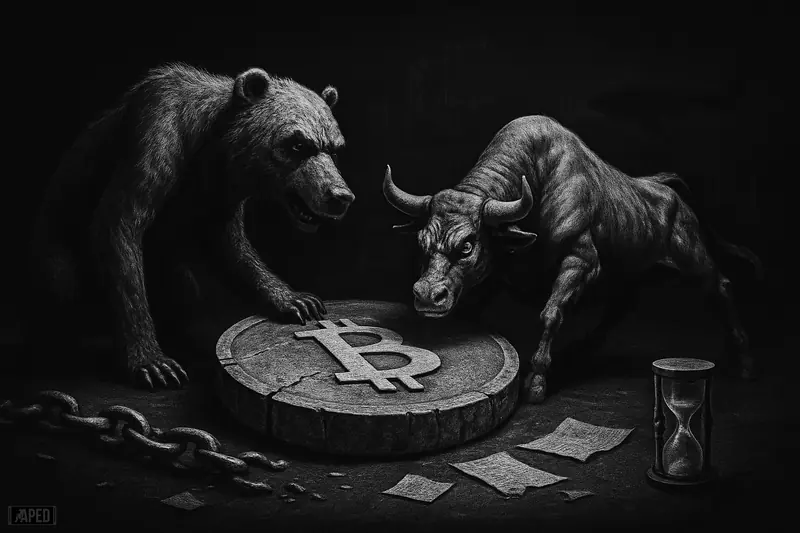 A gaunt bear and strained mechanical bull circle a sagging Bitcoin-like stone disk amid broken chains in a dark grayscale market scene.