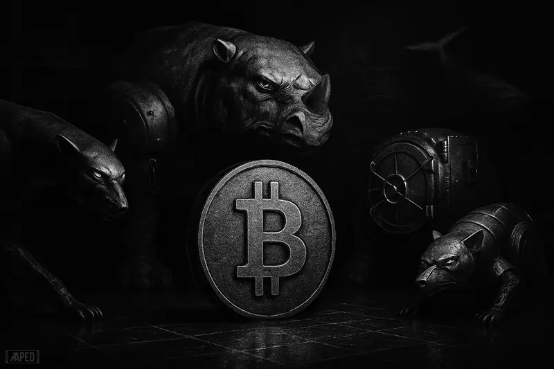 A huge Bitcoin coin sits still as four ominous metallic vault beasts surround it in a dark grayscale data-grid scene.