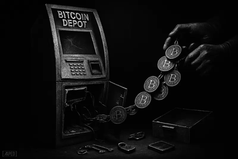 A damaged Bitcoin ATM sits open in a dark room as shadowy hands steal coins beside broken locks and a breached wallet device.