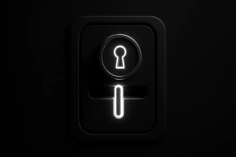 Dark crypto kiosk silhouette with a bright keyhole lock over its coin slot, neon circuit lines fading into black.