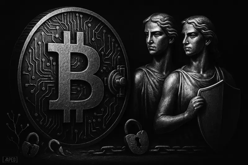 A fortified bitcoin vault coin guarded by twin metallic Gemini figures amid quantum circuitry and an unbroken chain seam in dark grayscale.