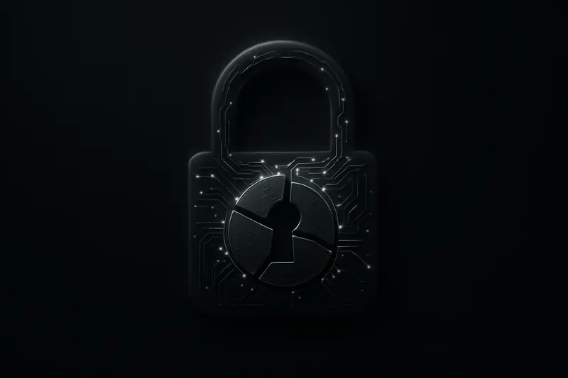 Black background with a neon padlock made of circuit lines, surrounded by floating coin-like shards and faint red scan beams.