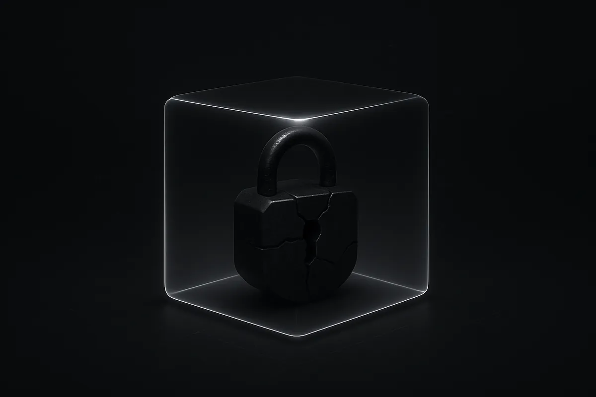 Black background with a glowing wireframe cube encasing a cracked obsidian padlock, surrounded by faint neon particles and circuitry.