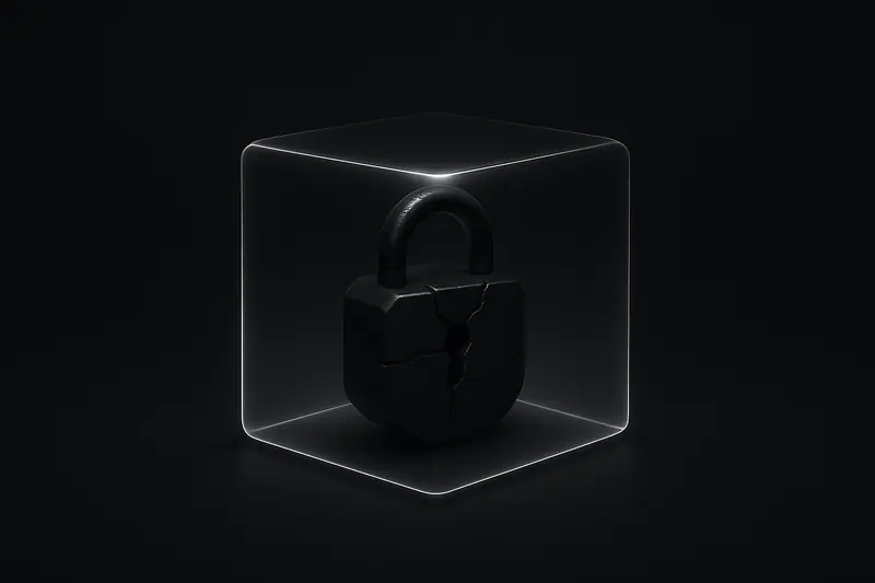 Black background with a glowing wireframe cube encasing a cracked obsidian padlock, surrounded by faint neon particles and circuitry.