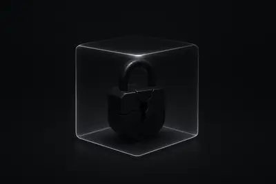Black background with a glowing wireframe cube encasing a cracked obsidian padlock, surrounded by faint neon particles and circuitry.