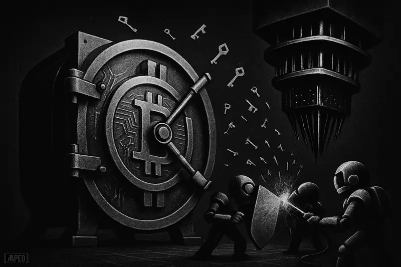 An armored digital vault faces a looming quantum machine as robotic guardians defend fragile locks in a dark grayscale data-grid scene.