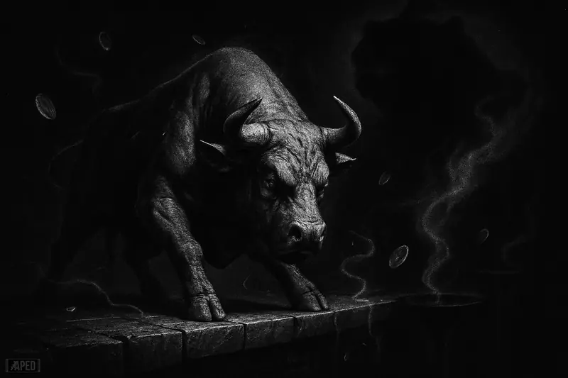 A grayscale bull strains to hold a cracked ledge while dark market forces and fading volume swirl behind it.