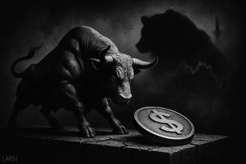 A tense grayscale bull protects a heavy disk on a ledge as a bear shadow looms in a dark data-grid background.