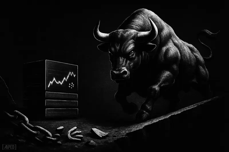 A muscular bull rises from a dark selloff scene beside an analytical data machine, with broken chains and a faint grid behind.