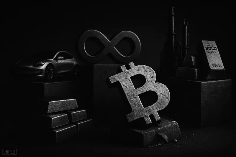 A damaged bitcoin symbol slips off a pedestal while car, refinery, metal bars, and an infinity structure loom above in grayscale darkness.