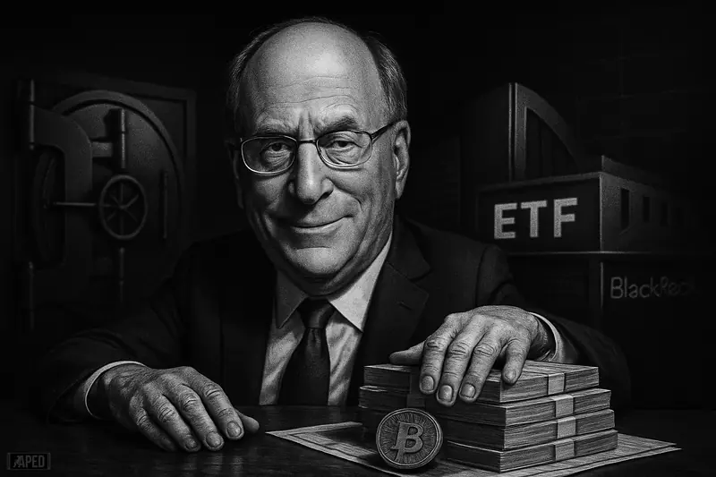 Larry Fink sits confidently at a dark boardroom table beside cash stacks and a Bitcoin-themed financial machine in stark grayscale lighting.