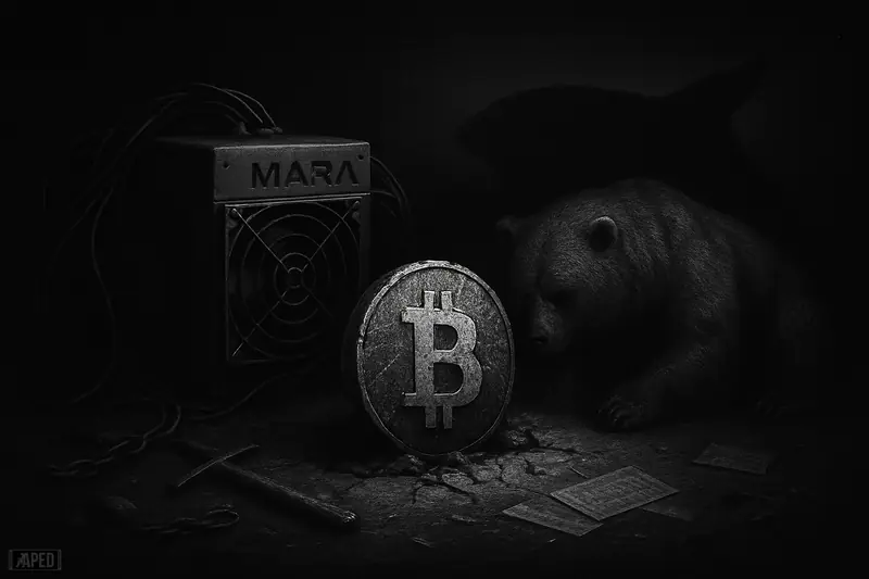 A battered bitcoin-like token near a looming mining machine, with a weary bear and shadowy whale in a dark grayscale market-stress scene.