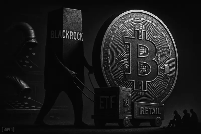 A giant bitcoin-like disc is hauled by institutional machines as exhausted small traders fade into the shadows on a dark data-grid backdrop.