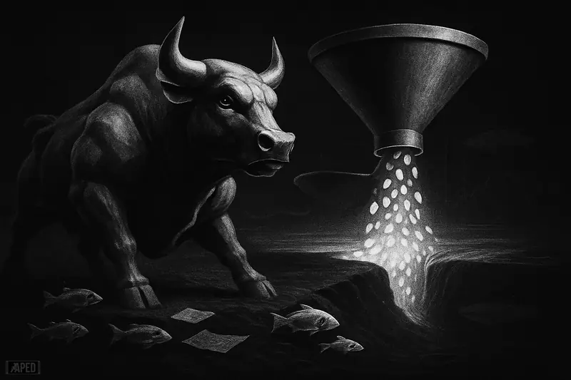 A giant bull and investment machine dominate a dark market scene as small fish flee, symbolizing institutional inflows and retail selling.