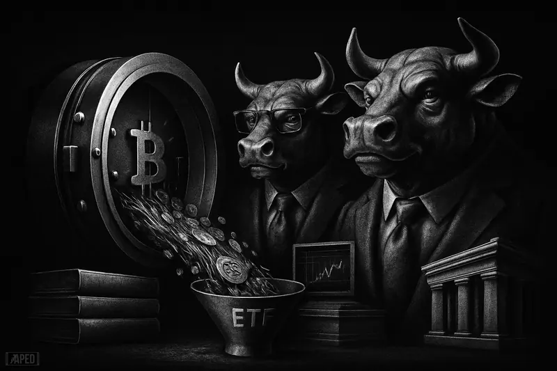 A grayscale vault opens as capital floods into a finance funnel, with imposing Wall Street bulls in a dark institutional Bitcoin scene.