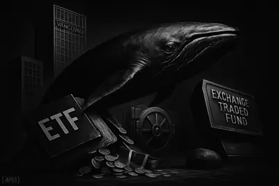 A giant black whale surges across a dark financial scene, dragging fund materials and coins downward before shadowy institutional buildings.