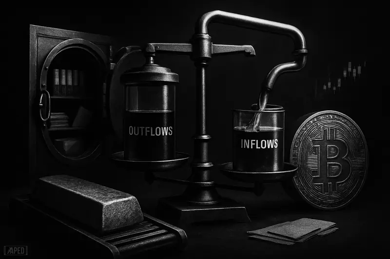 A dark grayscale vault scene with a nearly level scale of fund canisters, capital flowing through pipes, a crypto coin, and a bullion bar sliding away.