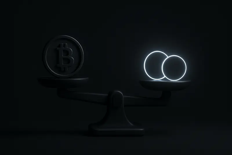 A dark metallic balance scale tilts as light drains from a golden coin into two neon spheres on black.