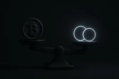 A dark metallic balance scale tilts as light drains from a golden coin into two neon spheres on black.