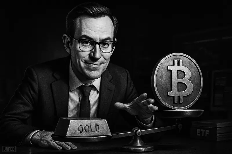 James Seyffart leans over a balance scale where a metallic bitcoin disk rises above a gold bar in a dark financial newsroom.